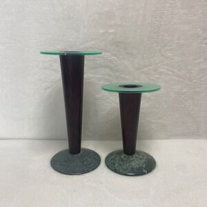Set of 2 Pedestal Art Deco Wood‎ Marble Glass Tabletop Candlesticks
